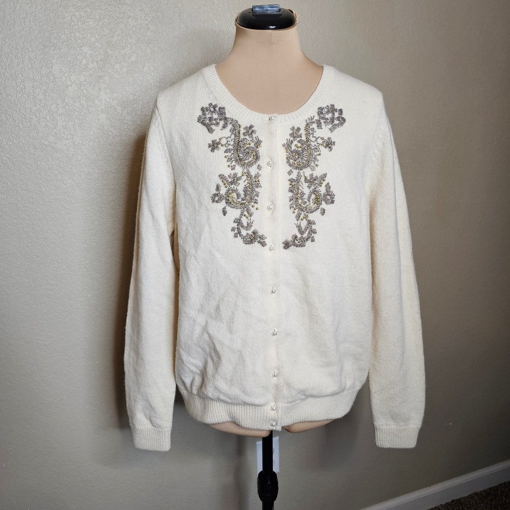VTG Eddie Bauer Womens XL Cream Beaded Lambswool Blend Lined Cardigan Sweater
